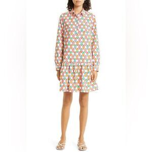 Saloni Geometric Long Sleeve Poplin Shirtdress Ruffle Hem US 4